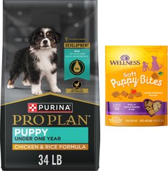 Purina Pro Plan Puppy Chicken & Rice Formula Dry Food + Wellness Soft Puppy Bites Lamb & Salmon Recipe Grain-Free Dog Treats