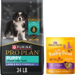Purina Pro Plan Puppy Lamb & Rice Formula Dry Food + Wellness Soft Puppy Bites Lamb & Salmon Recipe Grain-Free Dog Treats