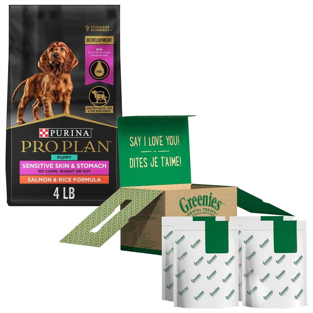 Purina Pro Plan Puppy Sensitive Skin & Stomach Salmon & Rice Dry Food + Greenies Regular Dental Dog Treats
