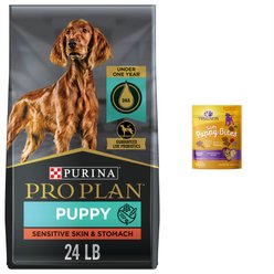 Purina Pro Plan Puppy Sensitive Skin & Stomach Salmon & Rice Dry Food + Wellness Soft Puppy Bites Lamb & Salmon Recipe Grain-Free Dog Treats