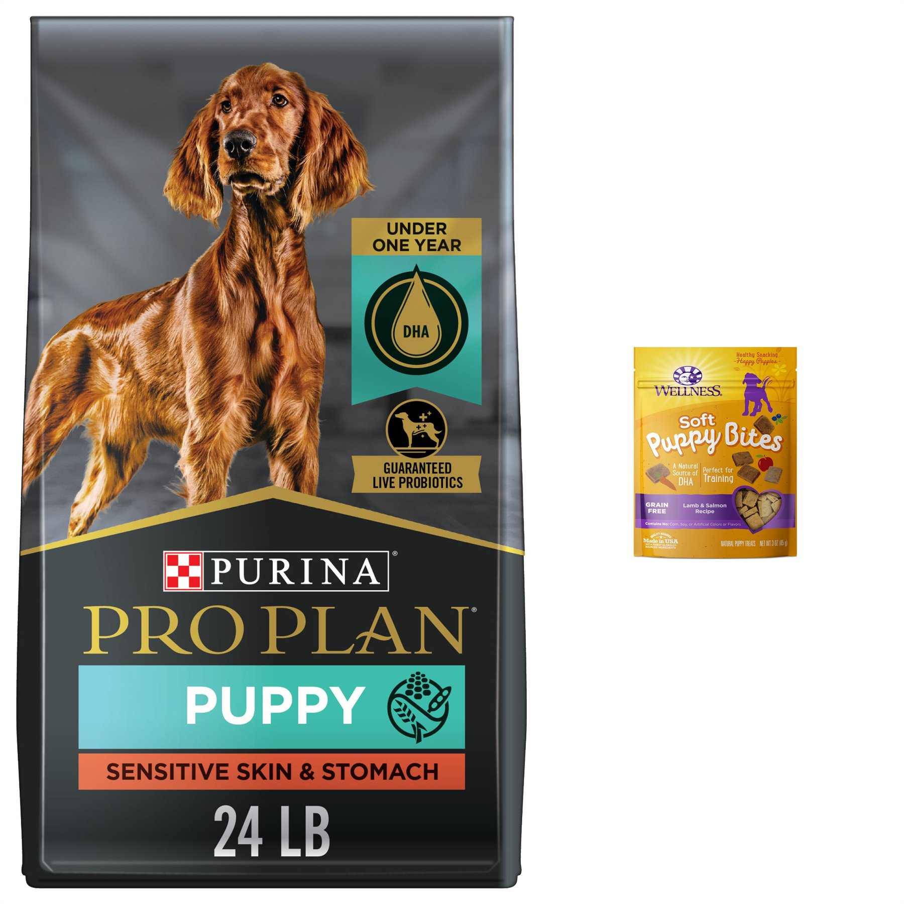 Purina Pro Plan Puppy Sensitive Skin & Stomach Salmon & Rice Dry Food + Wellness Soft Puppy Bites Lamb & Salmon Recipe Grain-Free Dog Treats