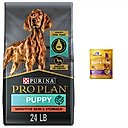Purina Pro Plan Puppy Sensitive Skin & Stomach Salmon & Rice Dry Food + Wellness Soft Puppy Bites Lamb & Salmon Recipe Grain-Free Dog Treats
