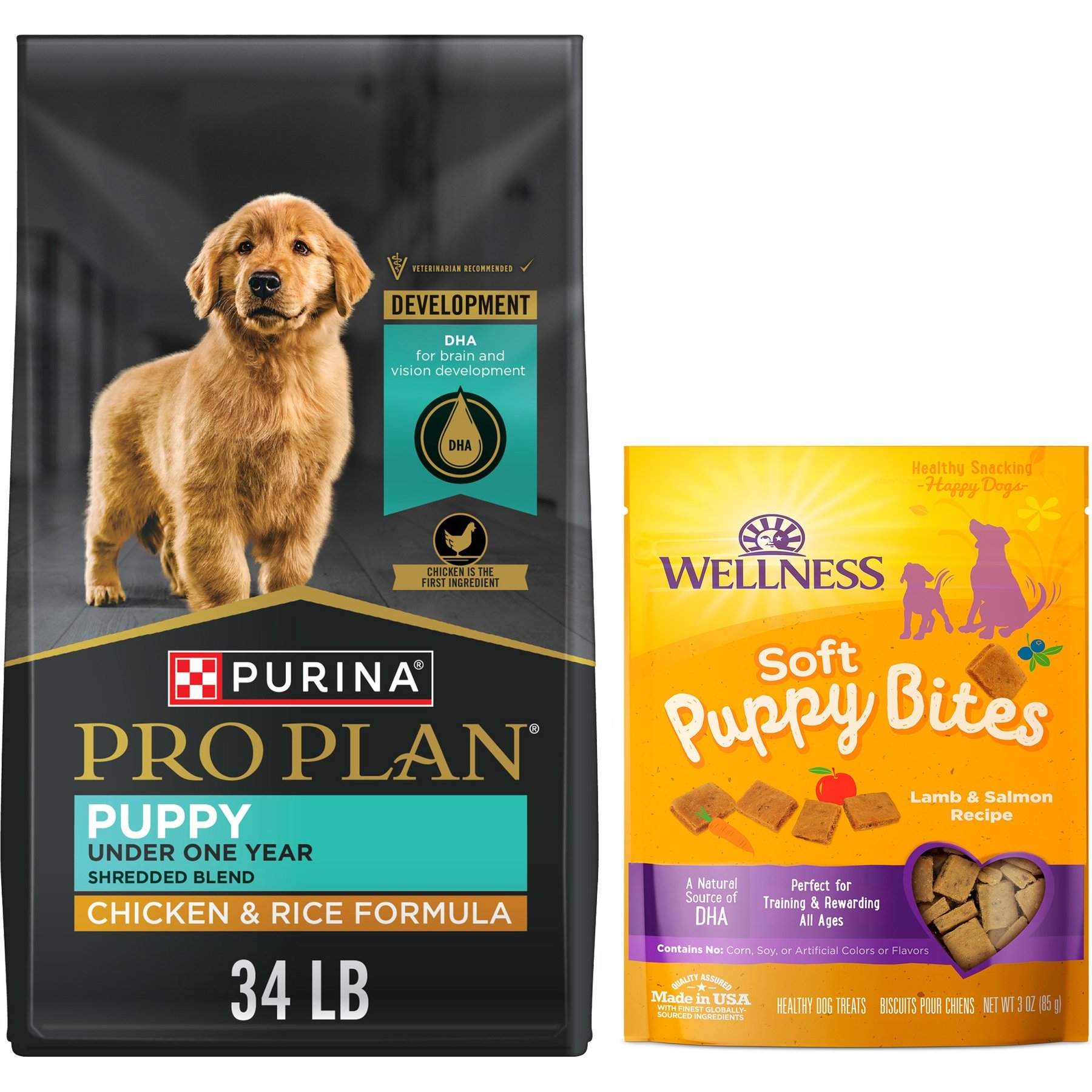 Purina Pro Plan Puppy Shredded Blend Chicken & Rice Formula with Probiotics Dry Food + Wellness Soft Puppy Bites Lamb & Salmon Recipe Grain-Free Dog Treats