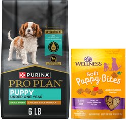 Purina Pro Plan Puppy Small Breed Chicken & Rice Formula Dry Dog Food, 6-lb bag + Wellness Soft Puppy Bites Lamb & Salmon Recipe Grain-Free Dog Treats, 3-oz pouch