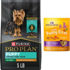 Purina Pro Plan Puppy Toy Breed Chicken & Rice Formula Dry Dog Food, 5-lb bag + Wellness Soft Puppy Bites Lamb & Salmon Recipe Grain-Free Dog Treats, 3-oz pouch