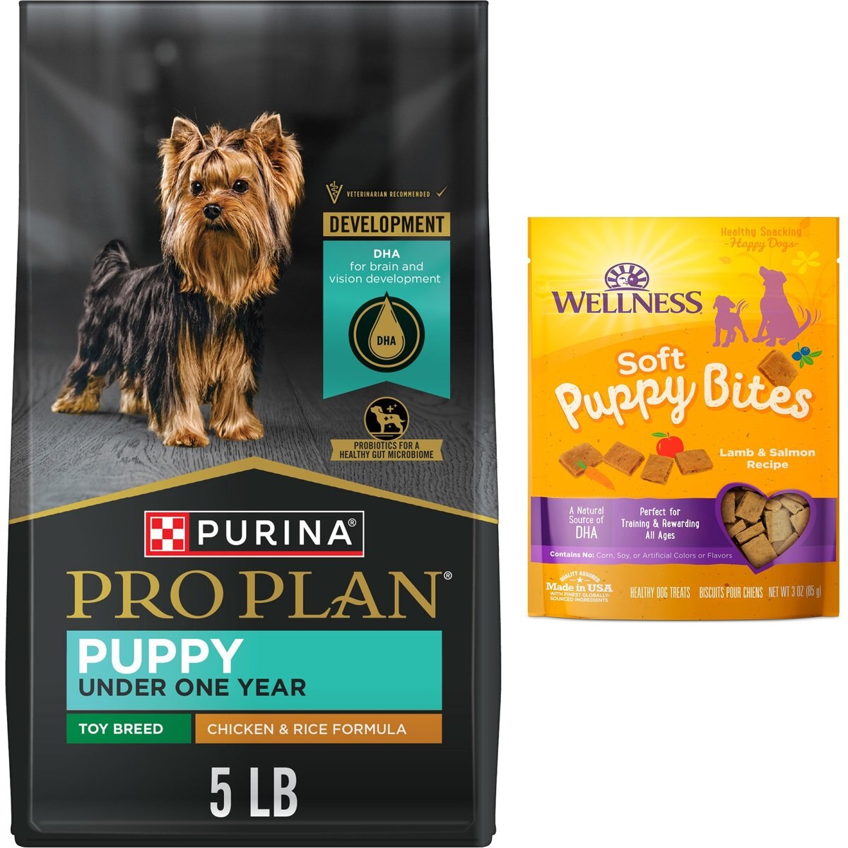 Purina Pro Plan Puppy Toy Breed Chicken & Rice Formula Dry Dog Food, 5-lb bag + Wellness Soft Puppy Bites Lamb & Salmon Recipe Grain-Free Dog Treats, 3-oz pouch