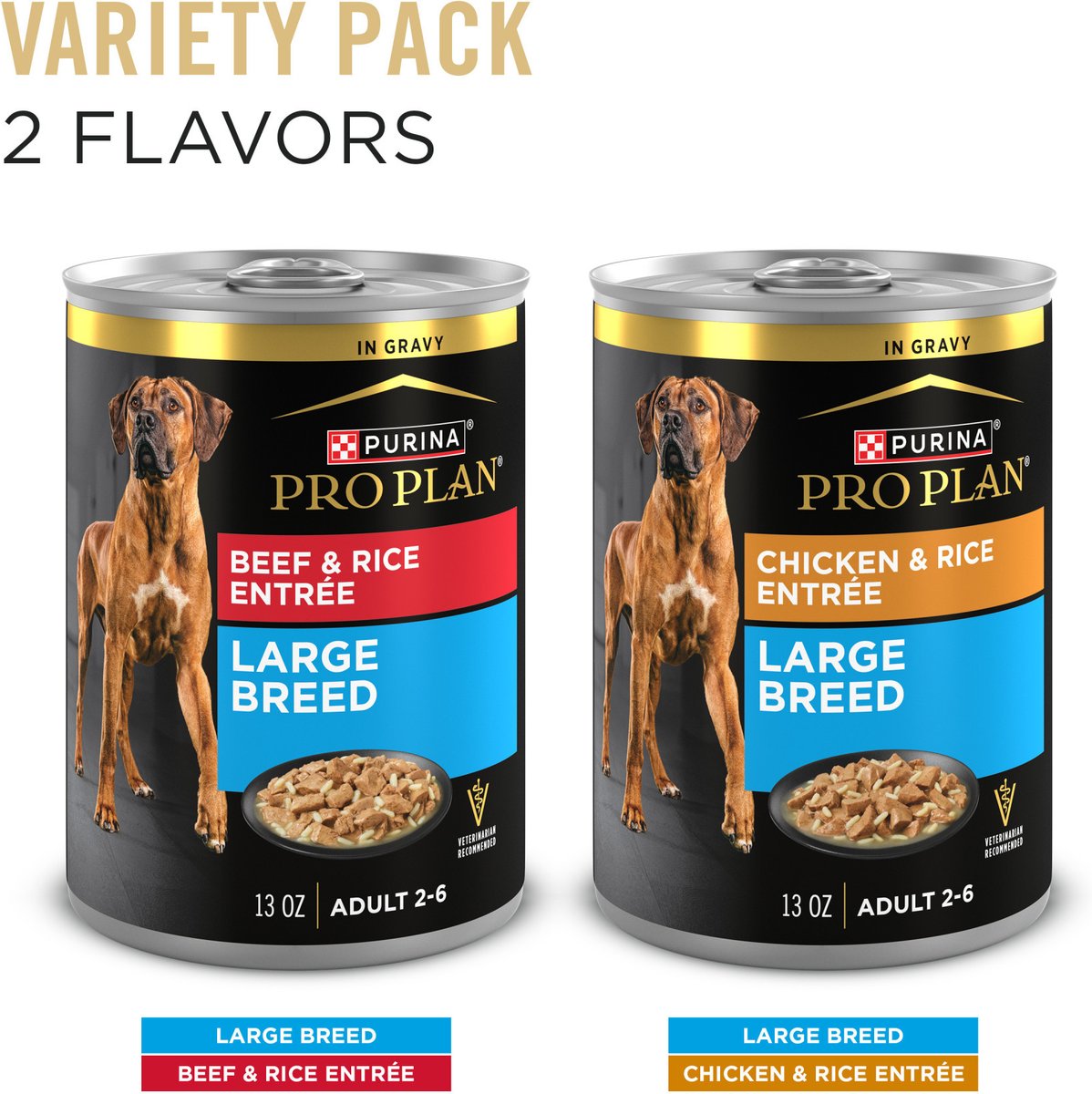 Purina Pro Plan Specialized Variety Pack Adult Large Breed High Protein Chicken & Rice, Beef & Rice in Gravy Wet Dog Food, 13-oz can, case of 12