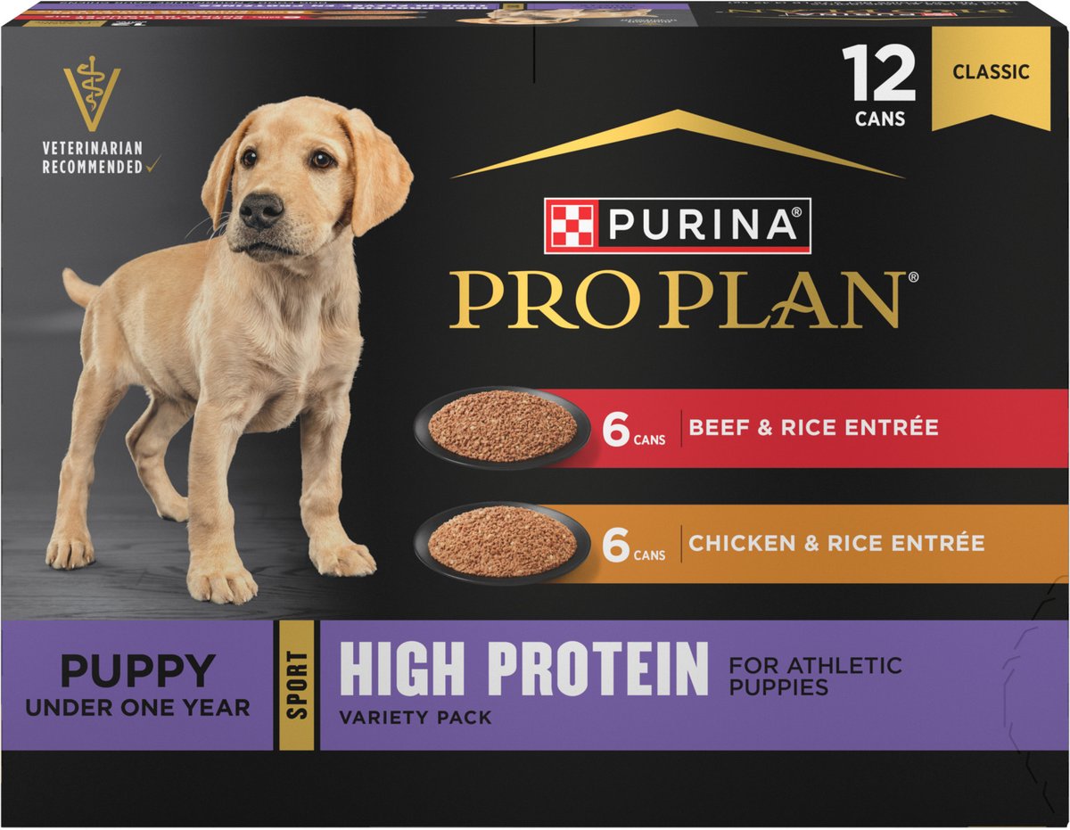 Purina Pro Plan Sport Development Puppy High Protein Beef & Rice Entrée & Chicken & Rice Entrée Variety Pack Wet Dog Food, 13-oz can, case of 12