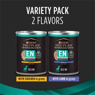 Show full view: Purina Pro Plan Veterinary Diets EN Savory Selects Gastroenteric with Chicken in-Gravy & Lamb Chunks-in-Gravy Variety Pack Wet Adult Dog Food, 13.3-oz can, case of 12 slide 3 of 9