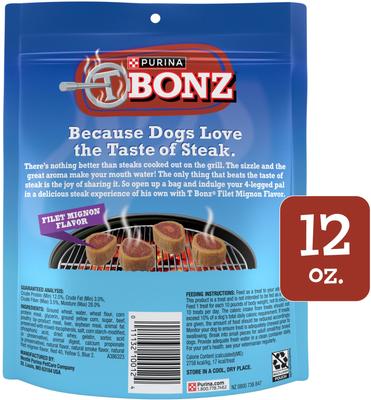 Show full view: Purina TBONZ Filet Mignon Beef Flavor Steak Shaped Adult Soft & Chewy Dog Treats, 12-oz pouch slide 3 of 9