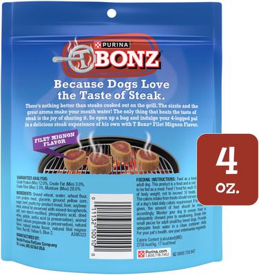 Show full view: Purina TBONZ Filet Mignon Beef Flavor Steak Shaped Adult Soft & Chewy Dog Treats, 4-oz pouch slide 3 of 9