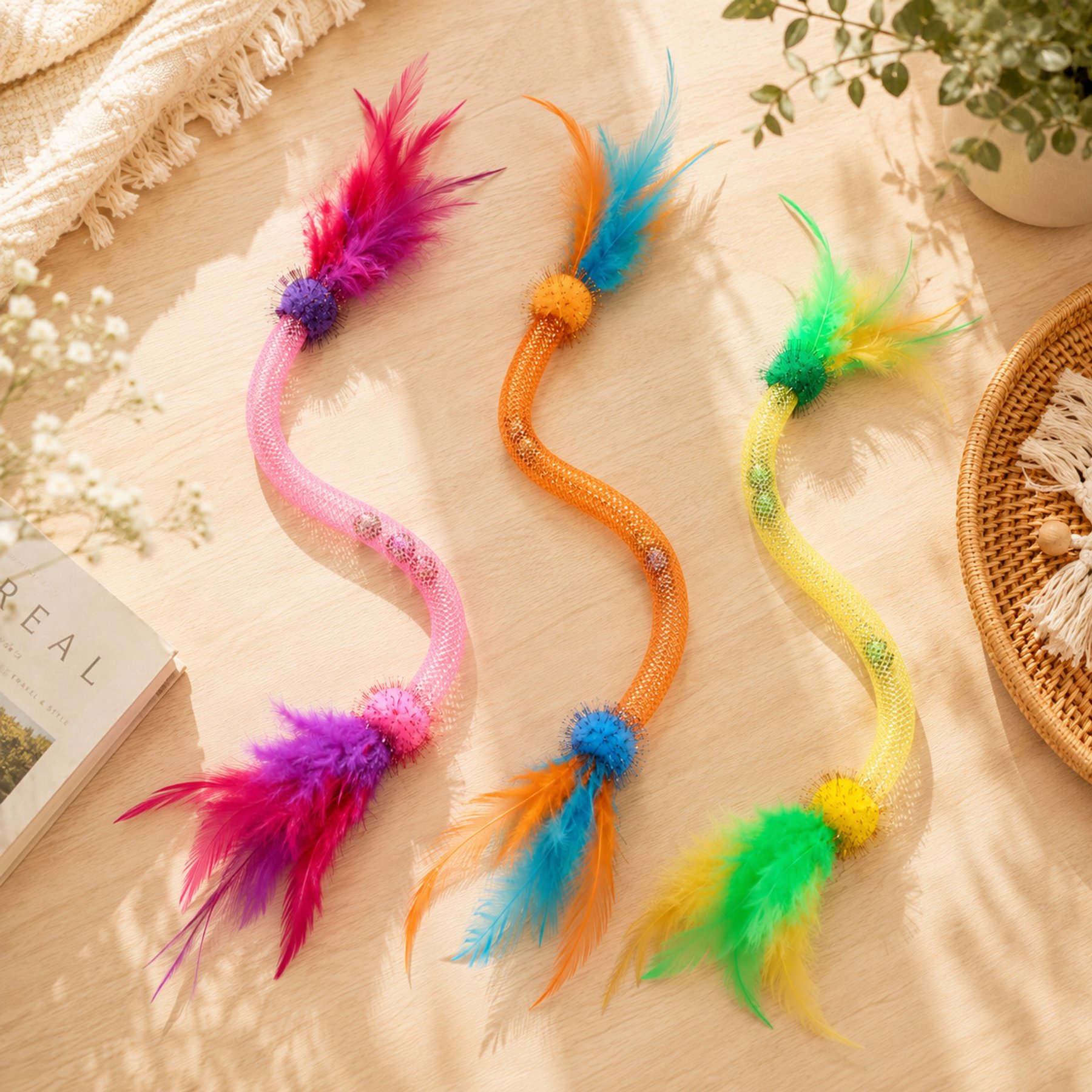 Purr Harbor Catnip Elastic Chew Rope with Feather & Bell Teething Cat Toy, 3 count