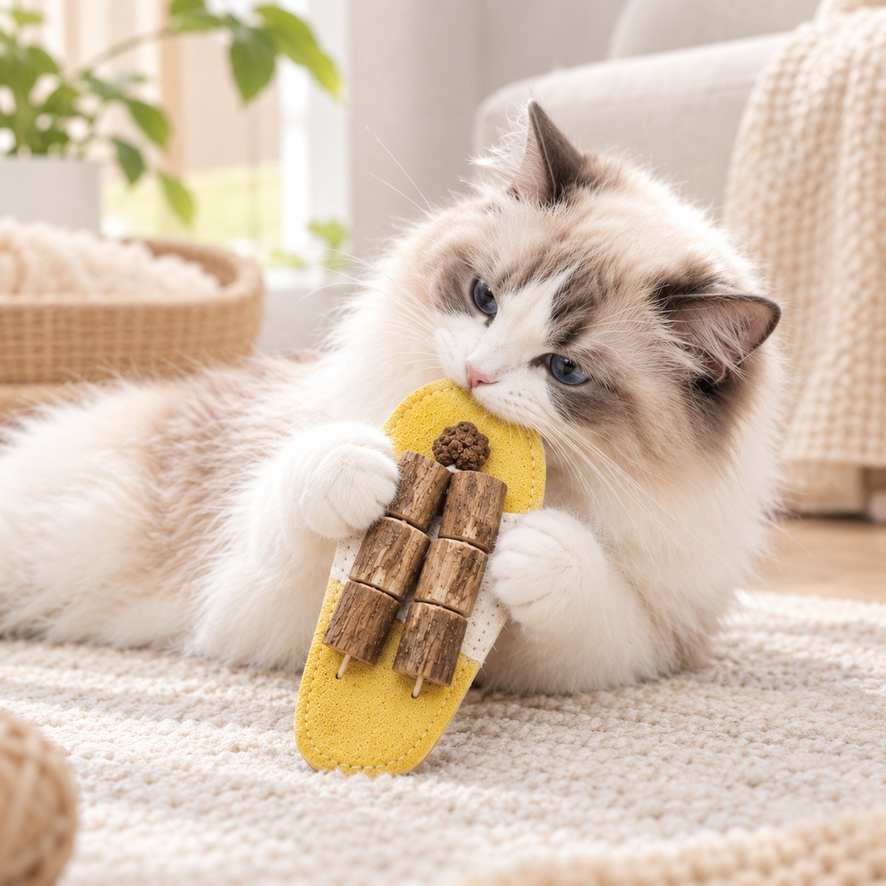 Purr Harbor Natural Loofah Silvervine Stick Gall Fruit, Flip-Flop Dental Teething Chew Cat Toy, Yellow