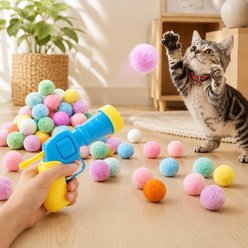 Purr Harbor plush Pom Pom Ball Launcher Exercise Cat Toy, 30 count