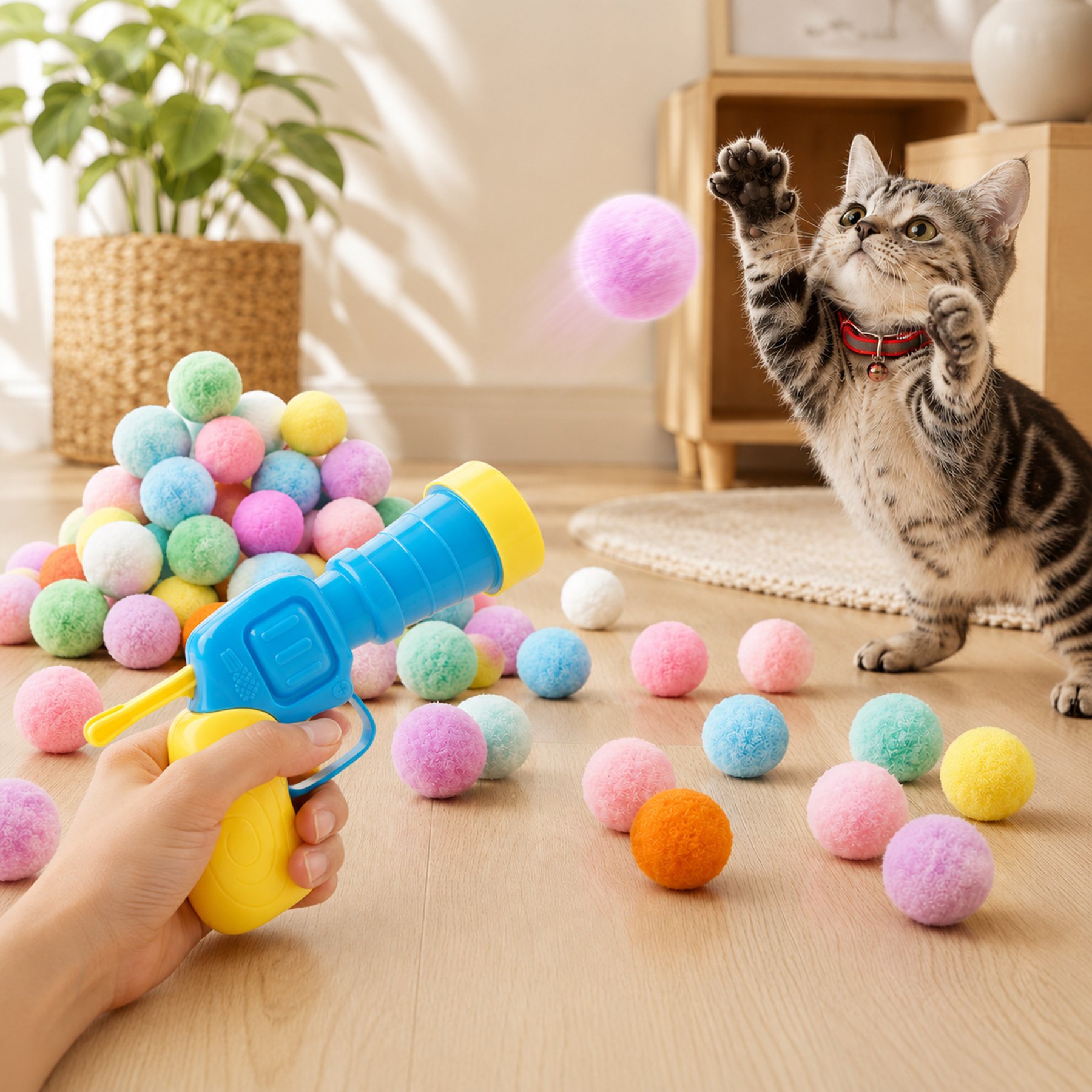 Purr Harbor plush Pom Pom Ball Launcher Exercise Cat Toy, 30 count