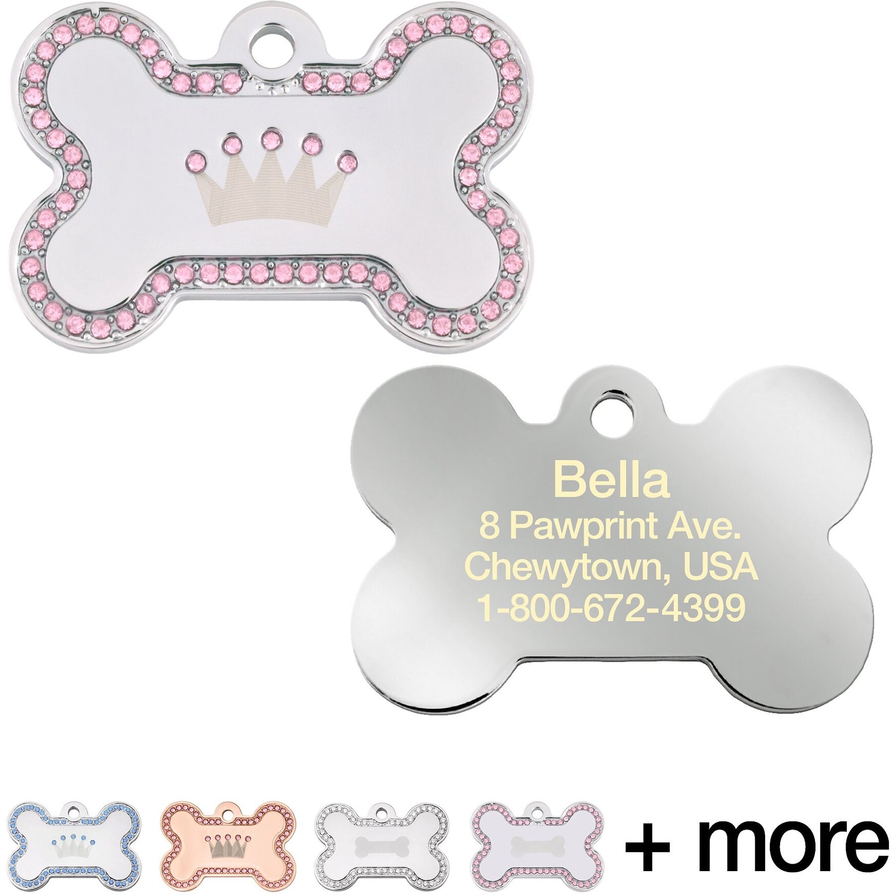 Quick-Tag Diva Bone & Etched Crown Personalized Dog ID Tag, Silver & Pink