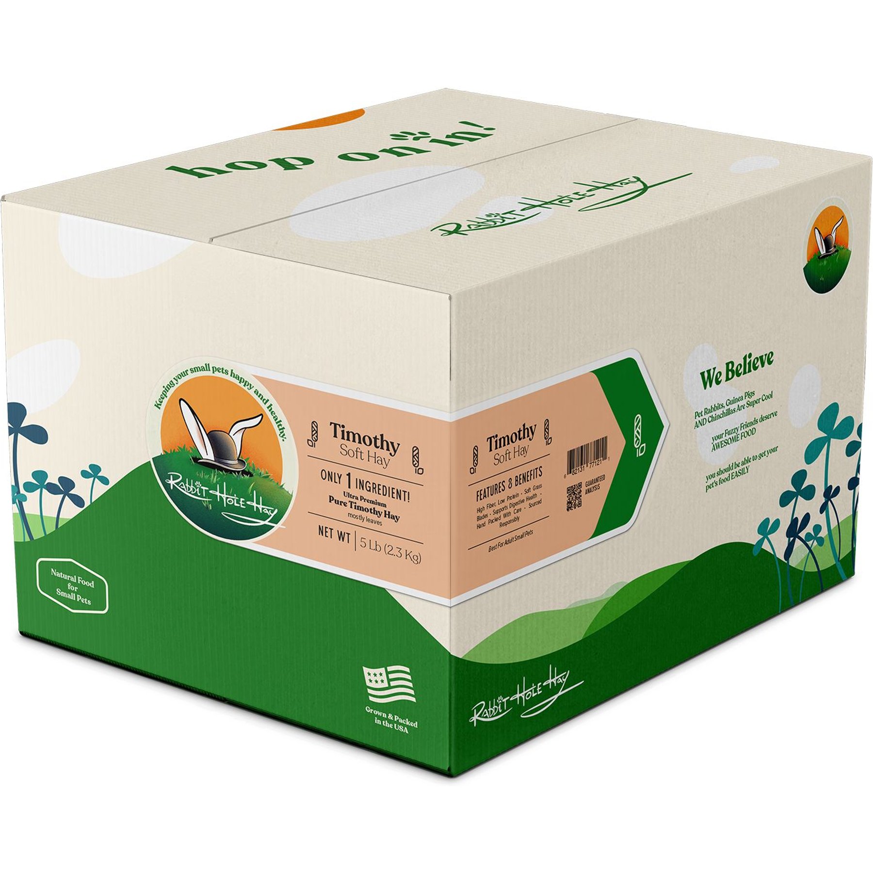 Rabbit Hole Hay Ultra Premium Hand-Packed Soft Timothy Hay for Small Pets, 5-lb box