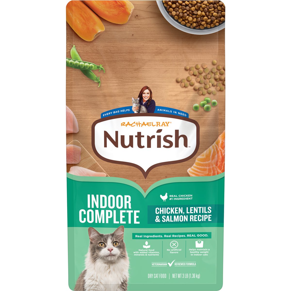 Rachael Ray Nutrish Indoor Complete Chicken, Lentils & Salmon Recipe Dry Cat Food, 3-lb bag