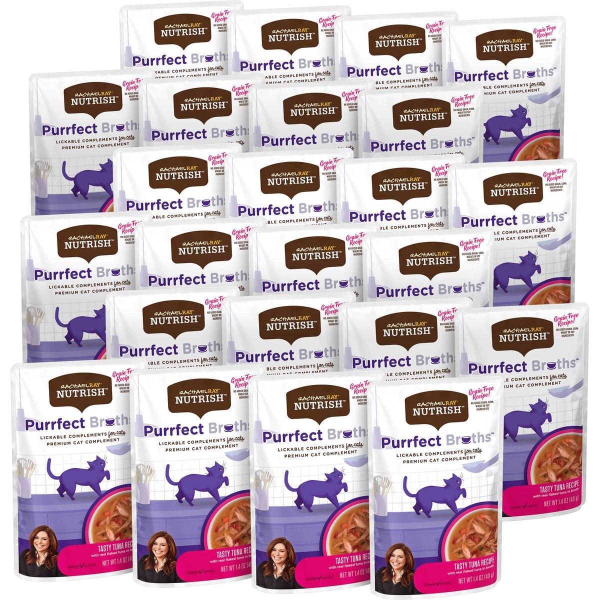 Rachael Ray Nutrish Purrfect Broths Lickable Complements Tasty Tuna Recipe Wet Cat Food Topper, 1.4-oz pouch, case of 24