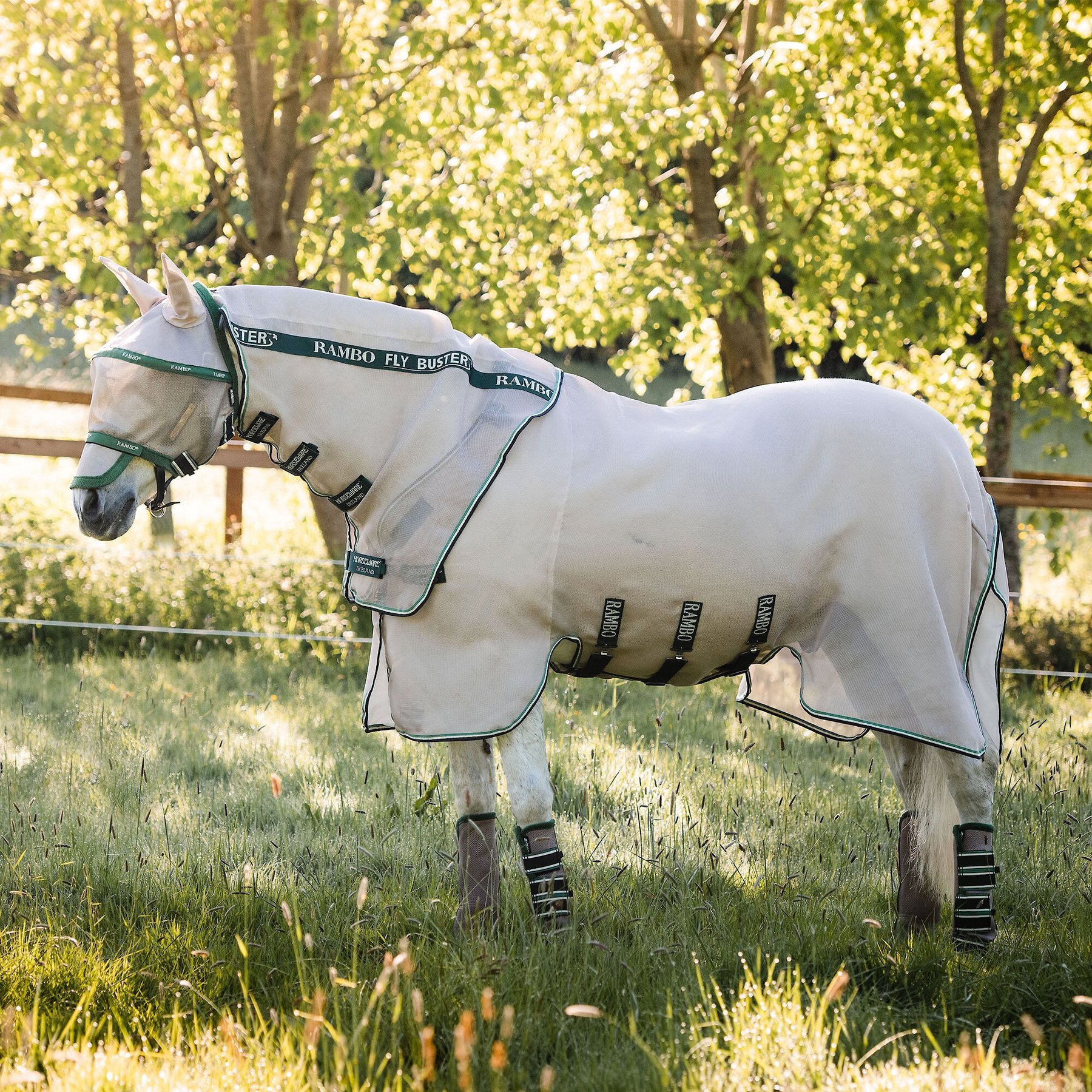 Horseware Rambo Flybuster Vamoose No Fly Zone Horse Fly Sheet, Oatmeal/Sage, 75-in
