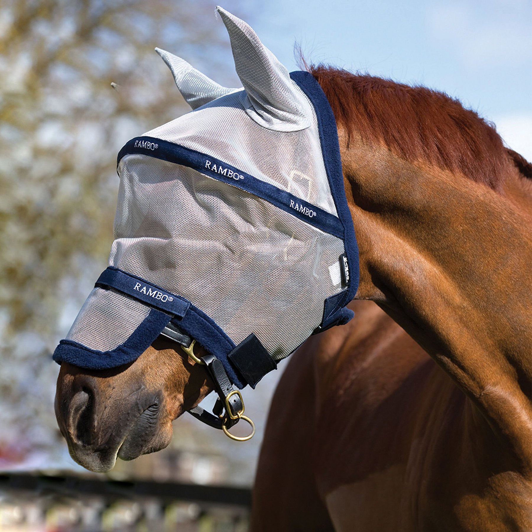 Horseware Rambo Flymask Plus non treated Horse Fly Mask, Silver & Navy, Small Pony