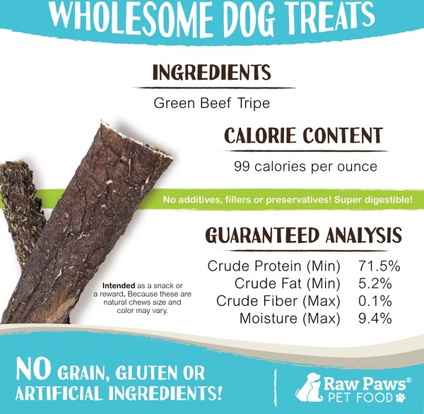 Show full view: Raw Paws 6-inch Beef Green Tripe Sticks Dehydrated Dog Treats, 10 count slide 5 of 8