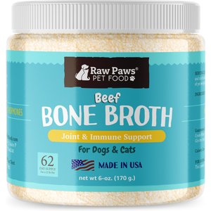 Raw Paws Grass-Fed Beef Bone Broth Powder for Dogs & Cats, Pet Supplement & Grain-Free Food Topper, 6-oz jar