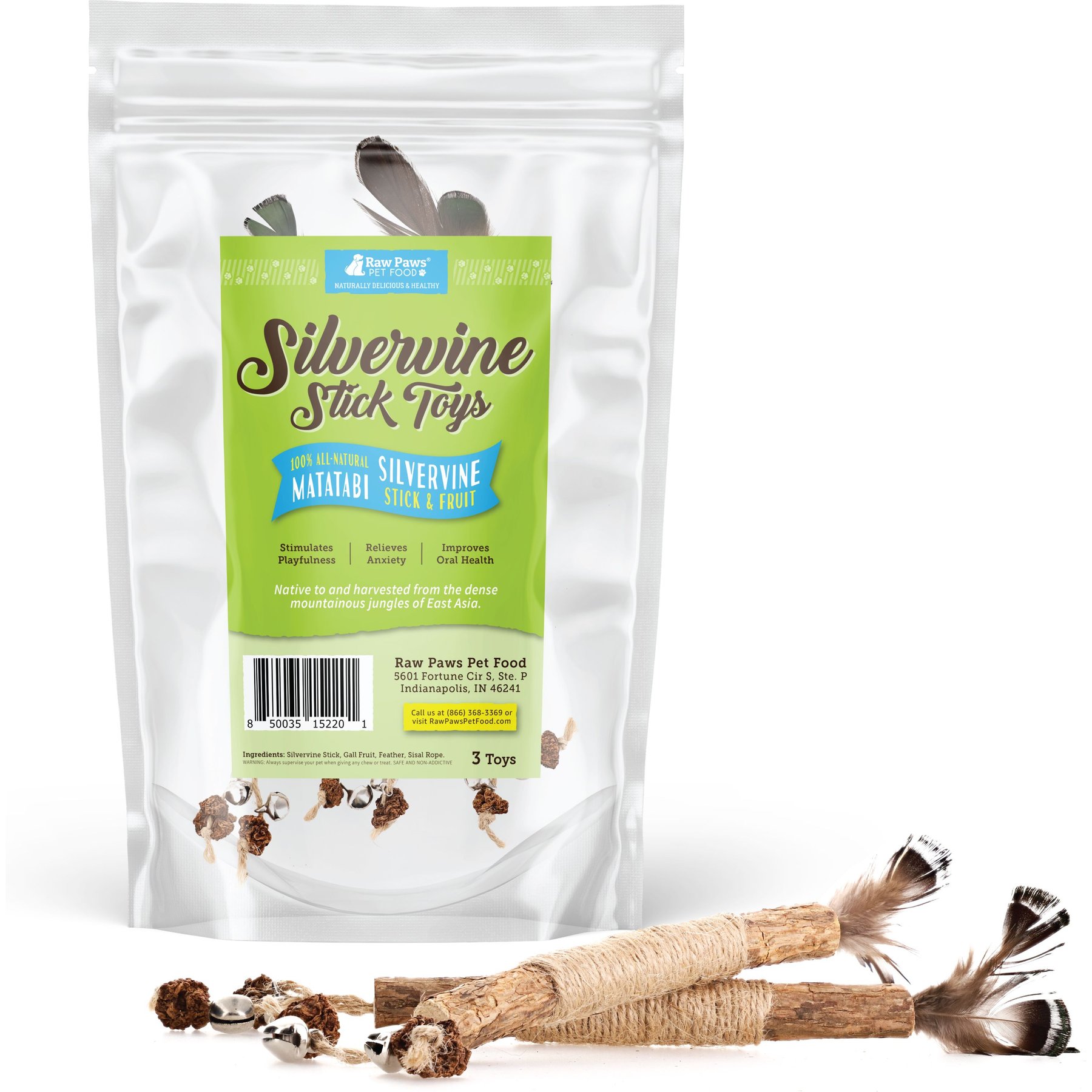 Raw Paws Matatabi Silvervine Chew Stick with Feather, Gall Fruit, & Bell Cat Toy, 3 count