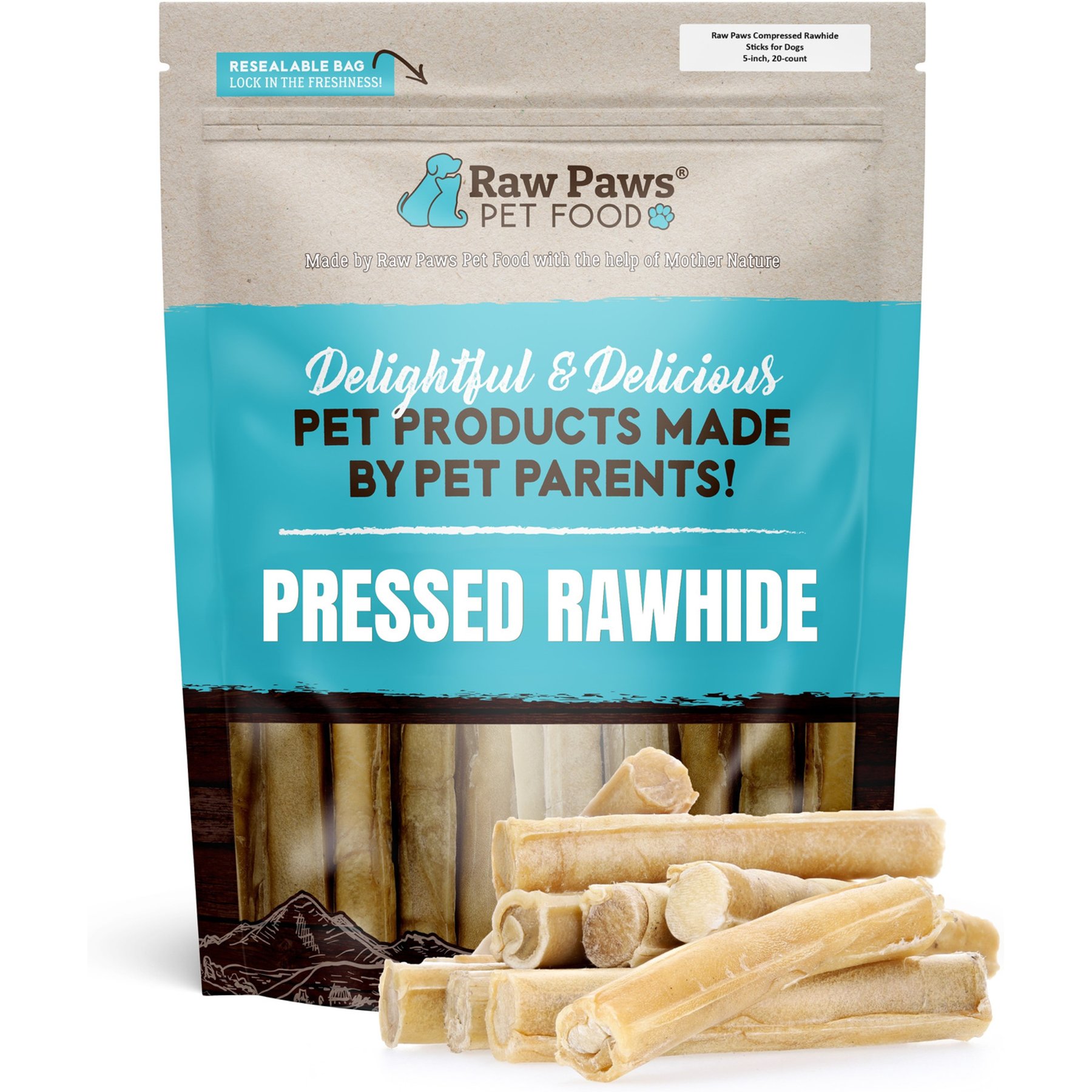 Raw Paws Pressed 4-inch Rawhide Buffalo Dog Chew Bone, 20 count