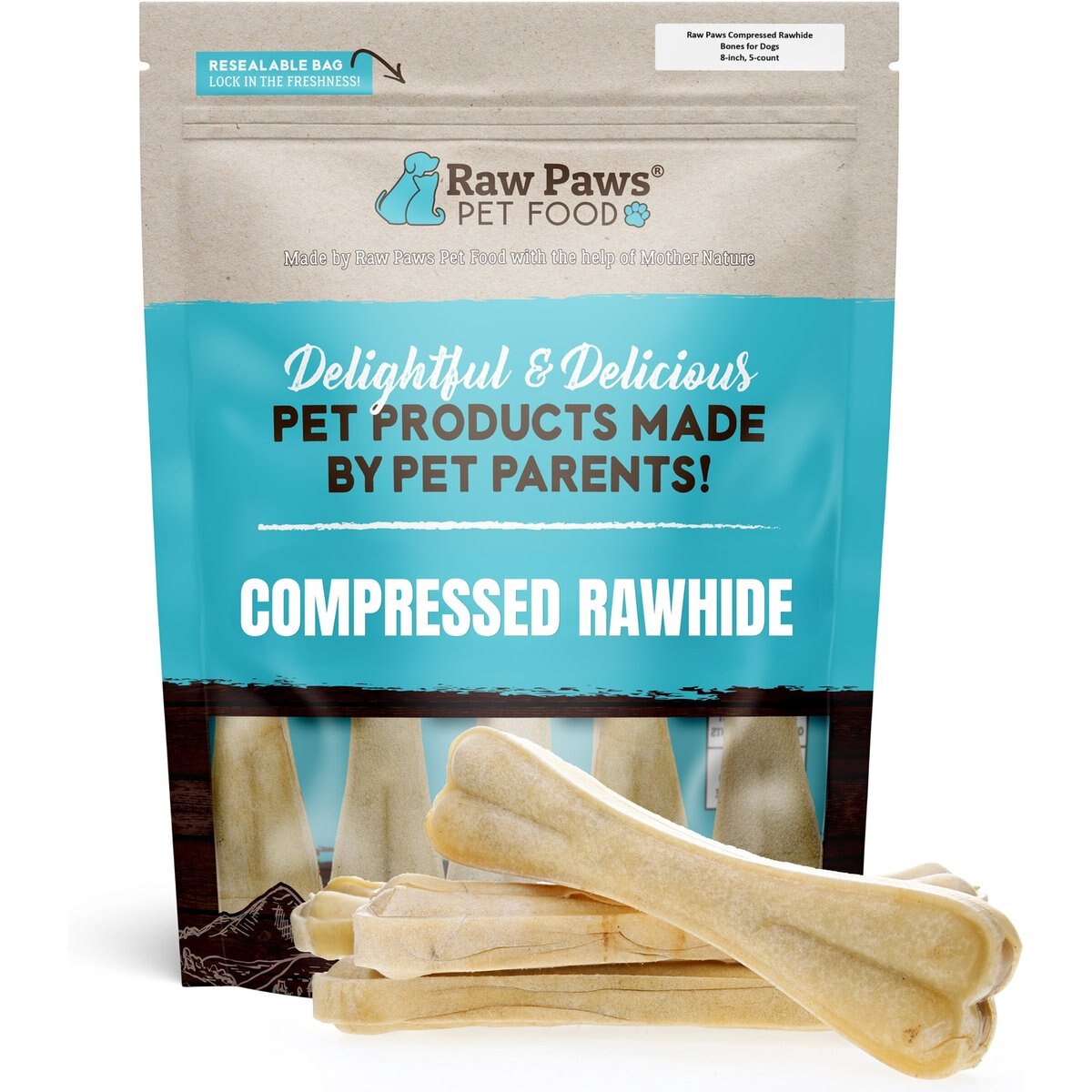 Raw Paws Pressed 8-inch Rawhide Buffalo Dog Chew Bone, 5 count