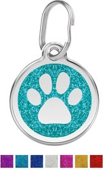 Red Dingo Glitter Paw Print Stainless Steel Personalized Dog & Cat ID Tag, Aqua, Medium