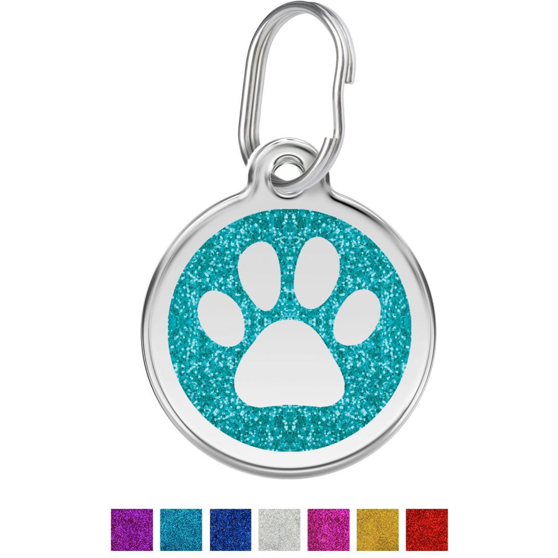 Red Dingo Glitter Paw Print Stainless Steel Personalized Dog & Cat ID Tag, Aqua, Medium