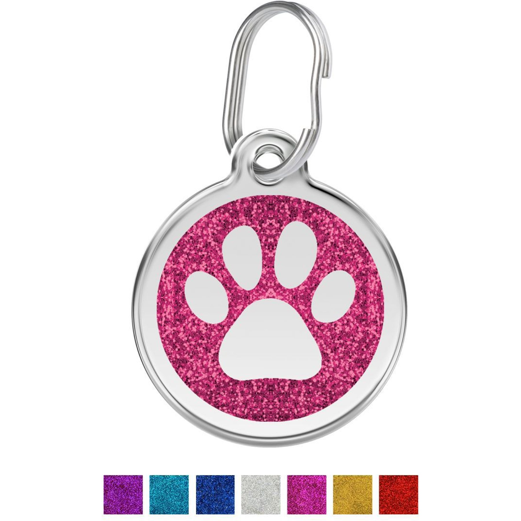 Red Dingo Glitter Paw Print Stainless Steel Personalized Dog & Cat ID Tag, Pink, Medium