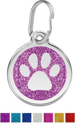 Show full view: Red Dingo Glitter Paw Print Stainless Steel Personalized Dog & Cat ID Tag, Purple, Medium slide 1 of 7
