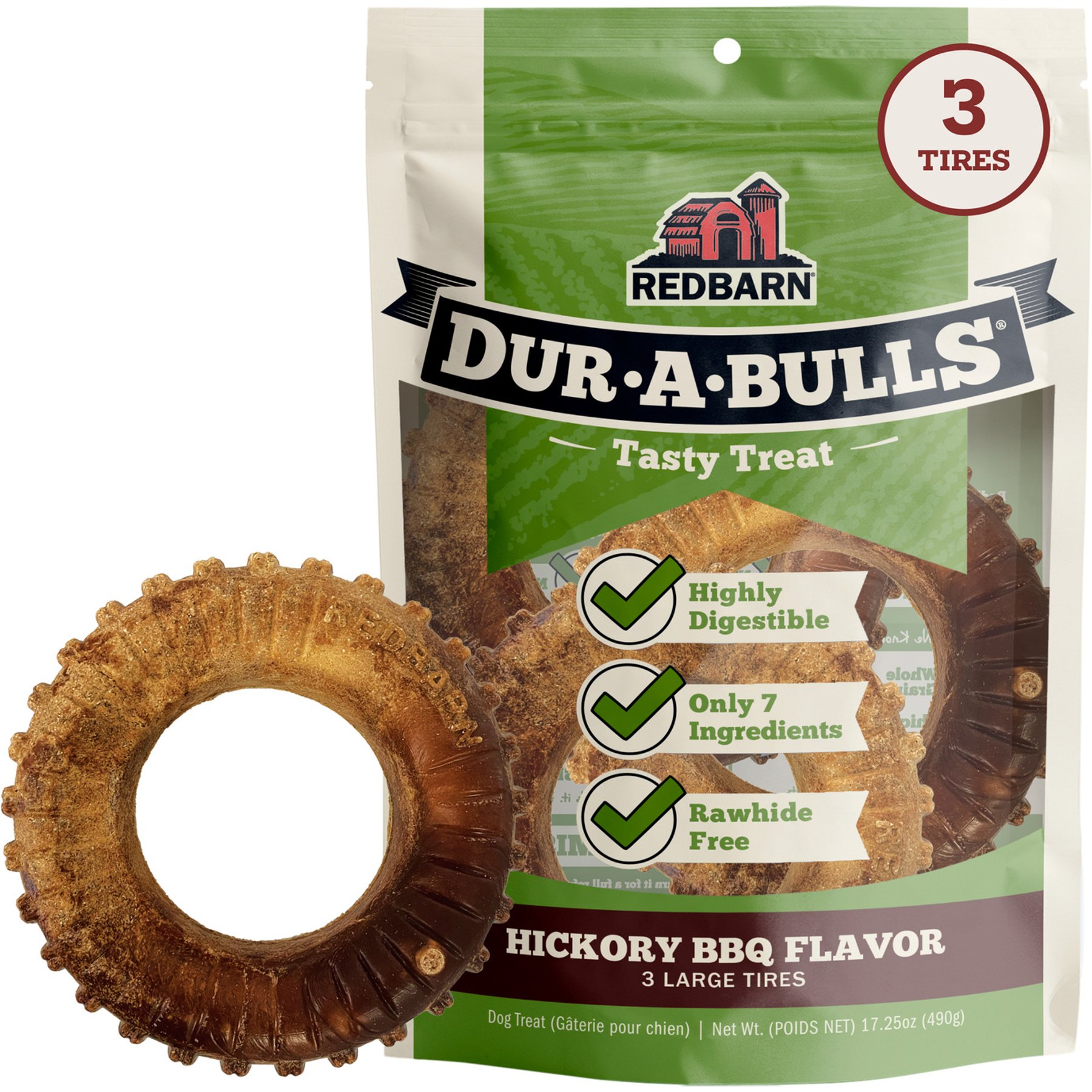 Redbarn Natural Dur-A-Bulls Hickory Flavor Tire Dog Chew Treats, 3 count