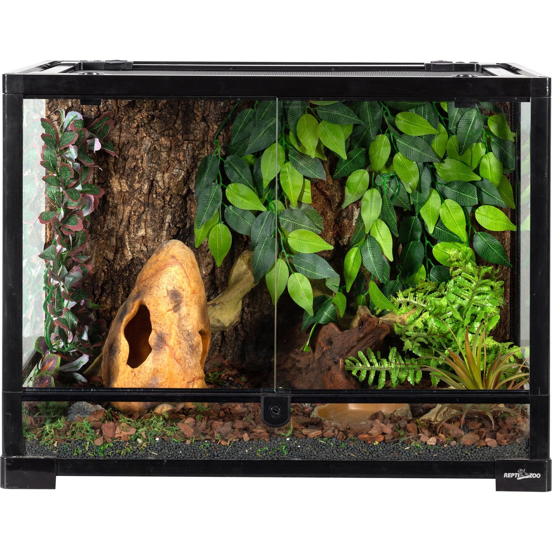 REPTI ZOO Tempered Glass Front Opening with Double Hinge Door Terrarium, Black, 32-gal