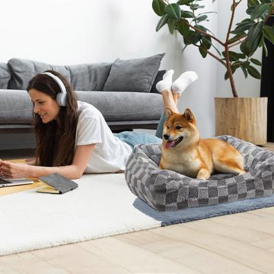 Show full view: Reserve Checkered Cuddler Bolster Dog & Cat Bed, Gray, Large slide 6 of 9