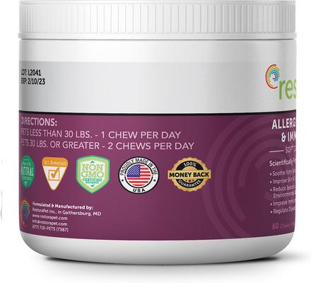 Show full view: RestoraPet Allergy, Itch & Immune Support Soft Chews Dog Supplement, 60 count slide 3 of 8