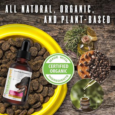 Show full view: RestoraPet Daily Supplement Organic Bacon Flavor Dog & Cat Supplement, 2-fl oz bottle slide 4 of 10