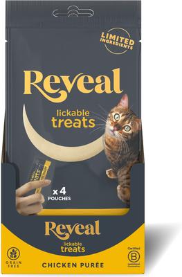 Show full view: Reveal Chicken Puree Grain-Free Lickable Cat Treats, 0.5-oz sachet, 4 count slide 8 of 9