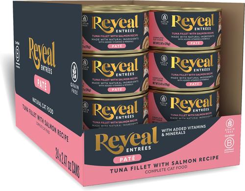 Show full view: Reveal Entree Tuna Fillet with Salmon Pate Recipe Grain-Free Canned Wet Cat Food, 2.47-oz can, case of 24 slide 4 of 12