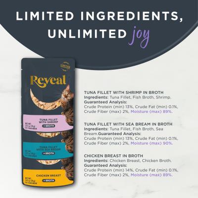 Show full view: Reveal Natural Grain-Free Fish & Chicken Broth Flavored Variety Pack Wet Cat Food, 2.47-oz pouch, case of 12 slide 4 of 11