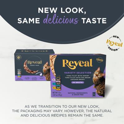 Show full view: Reveal Natural Grain-Free Fish & Chicken Broth Flavored Variety Pack Wet Cat Food, 2.47-oz pouch, case of 12 slide 7 of 11