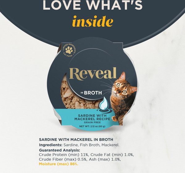 Reveal Natural Grain-Free Sardine with Mackerel in Broth Flavored Wet Cat Food, 2.12-oz pot, case of 18