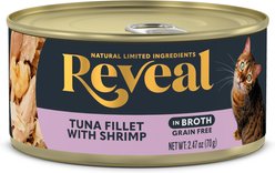 Reveal Natural Grain-Free Tuna Fillet with Shrimp in Broth Flavored Wet Cat Food, 2.47-oz can, case of 24 slide 2 of 9