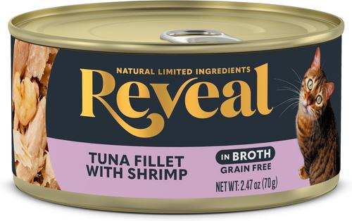 Show full view: Reveal Natural Grain-Free Tuna Fillet with Shrimp in Broth Flavored Wet Cat Food, 2.47-oz can, case of 24 slide 3 of 12
