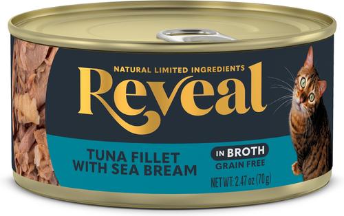 Show full view: Reveal Natural Grain-Free Tuna with Sea Bream in Broth Flavored Wet Cat Food, 2.47-oz can, case of 24 slide 3 of 12