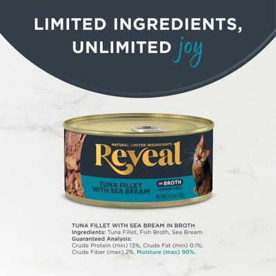 Show full view: Reveal Natural Grain-Free Tuna with Sea Bream in Broth Flavored Wet Cat Food, 2.47-oz can, case of 24 slide 4 of 12