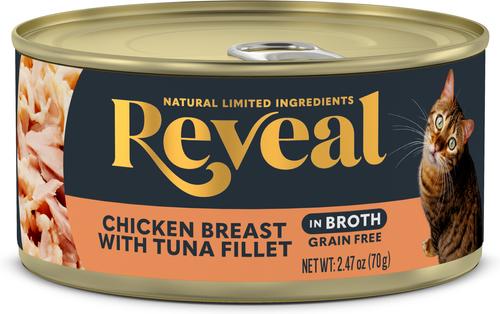 Show full view: Reveal Natural Limited Ingredient Grain-Free Chicken & Tuna in Broth Wet Cat Food, 2.47-oz, case of 24 slide 3 of 11