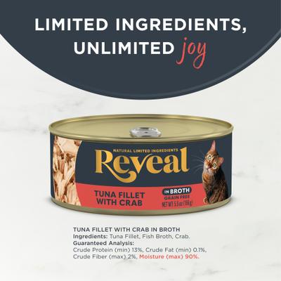 Show full view: Reveal Natural Limited Ingredient Grain-Free Tuna Fillet with Crab in Broth Wet Cat Food, 5.5oz, case of 12 slide 4 of 12
